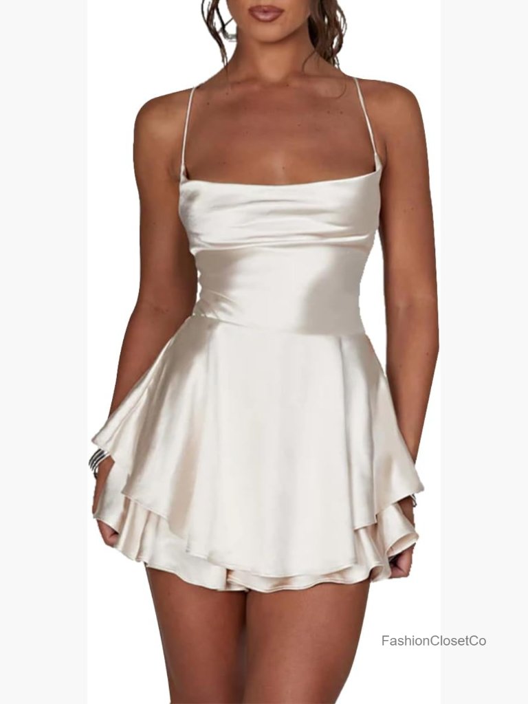 Satin Sleeveless Spaghetti Strap Tiered Mini Jumpsuit Romper